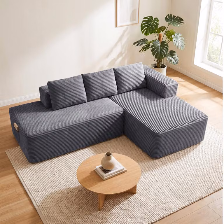Divano componibile modello Ecksofa, con funzione letto, 228 cm, rivestito in velluto. Divano modulare "Boneless" con chaise longue e struttura in metallo per lo schienale. Divano a forma di L con funzione letto e struttura aperta