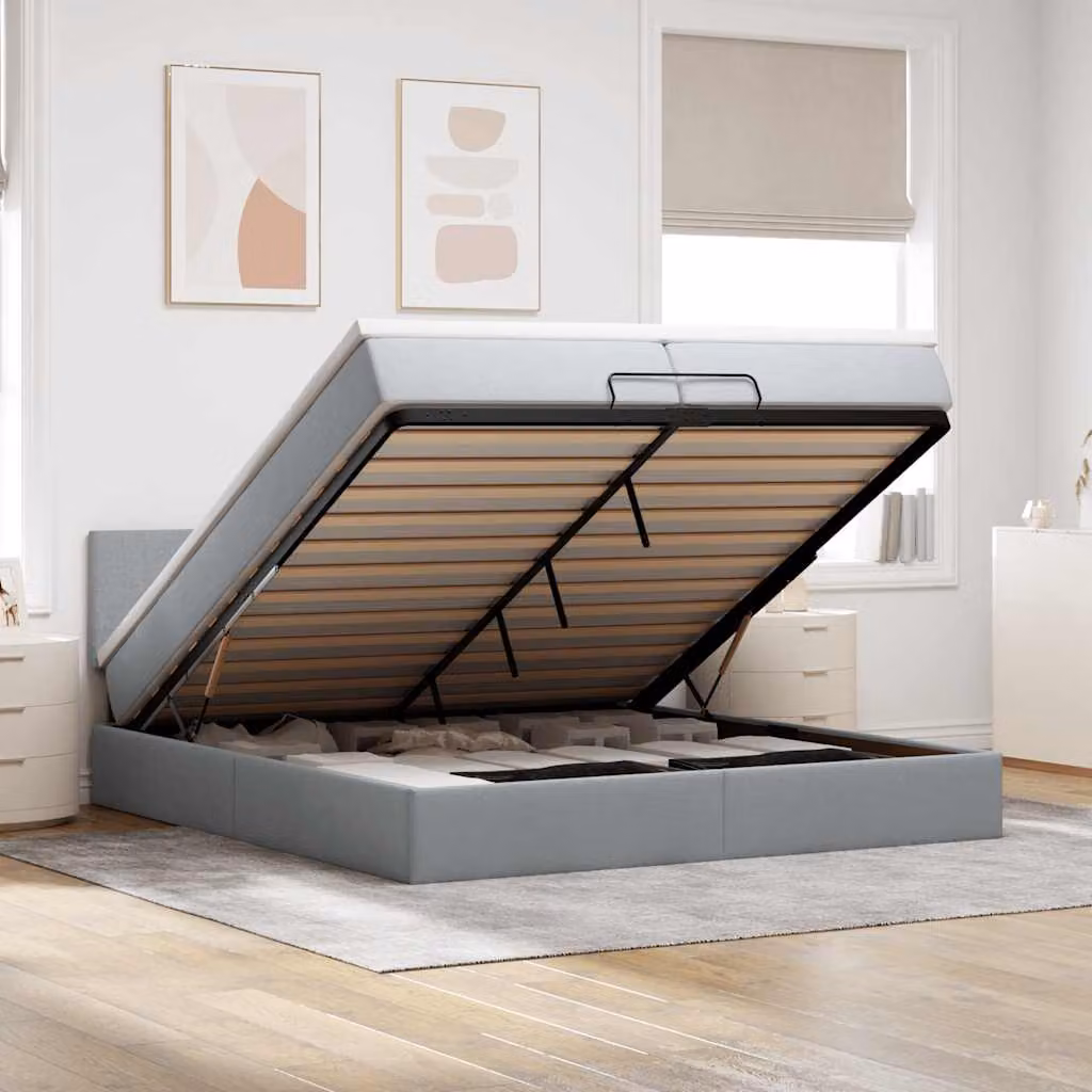 Letto matrimoniale con contenitore a sollevamento vidaXL in tessuto grigio e bianco con illuminazione sottostante e porte USB L/P/H: 203 x 200 x 280 cm