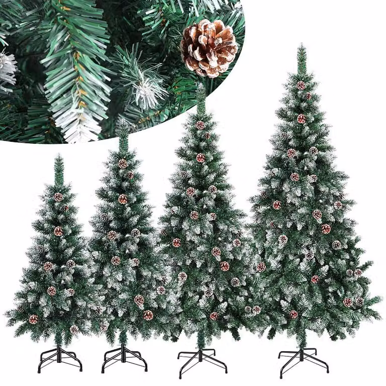 Albero di Natale artificiale con pigne e decorazioni a forma di neve, realizzato in PVC, facile da montare con sistema a innesto, riutilizzabile, altezza 150 cm