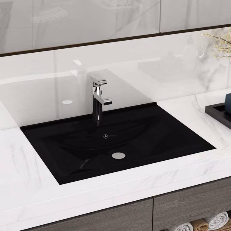 The Living Store Lavabo con foro per rubinetto nero opaco 60x46 cm in Vetroceramica
