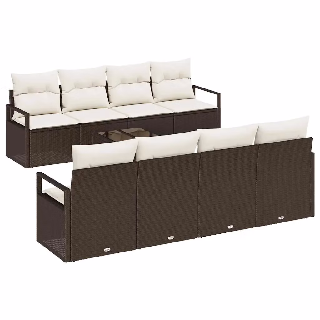 Set di divani da giardino vidaXL a forma di U composto da 7 pezzi con cuscini in marrone e beige e tavolino da esterno in vetro e metallo – 2