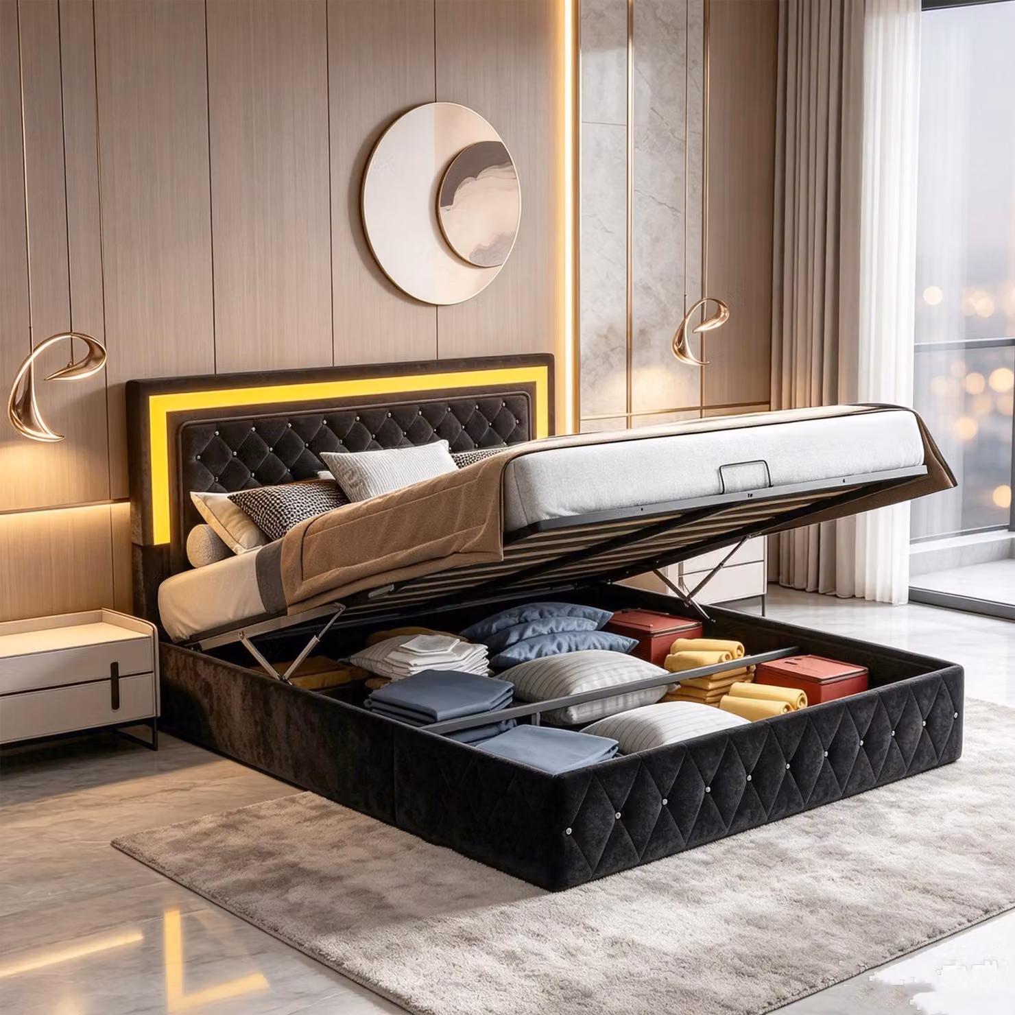 Letto matrimoniale idraulico con contenitore 160x200 cm, imbottito con LED e testiera, completo di rete a doghe, adatto anche per ragazzi, rivestito in velluto, colore nero