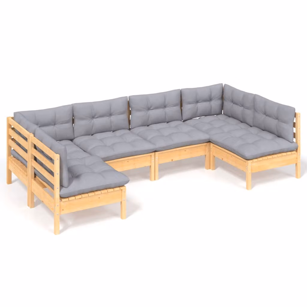 Set Divani da Giardino 6 pz con Cuscini Grigi Massello di Pino