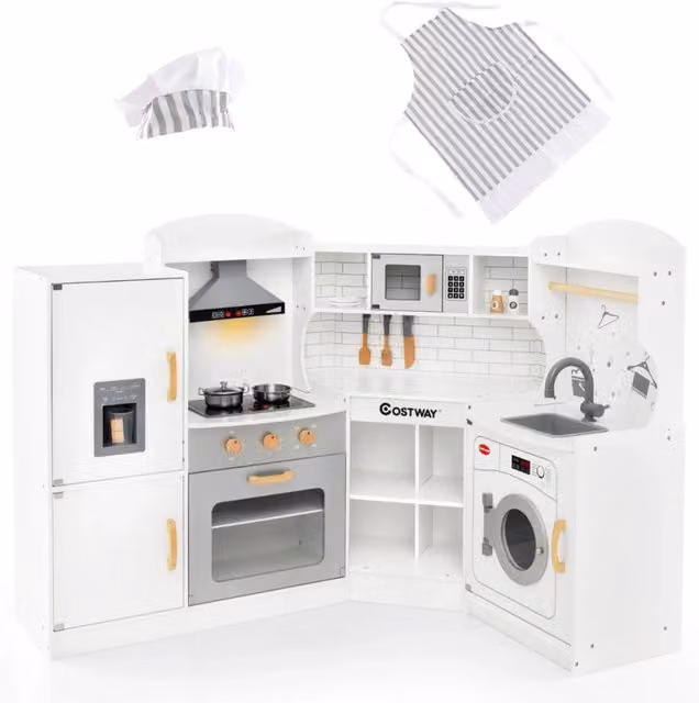 Set da cucina in legno per 4 bambini con effetti sonori e luminosi, design moderno in bianco, L/P/H: 42 x 29,5 x 94 cm