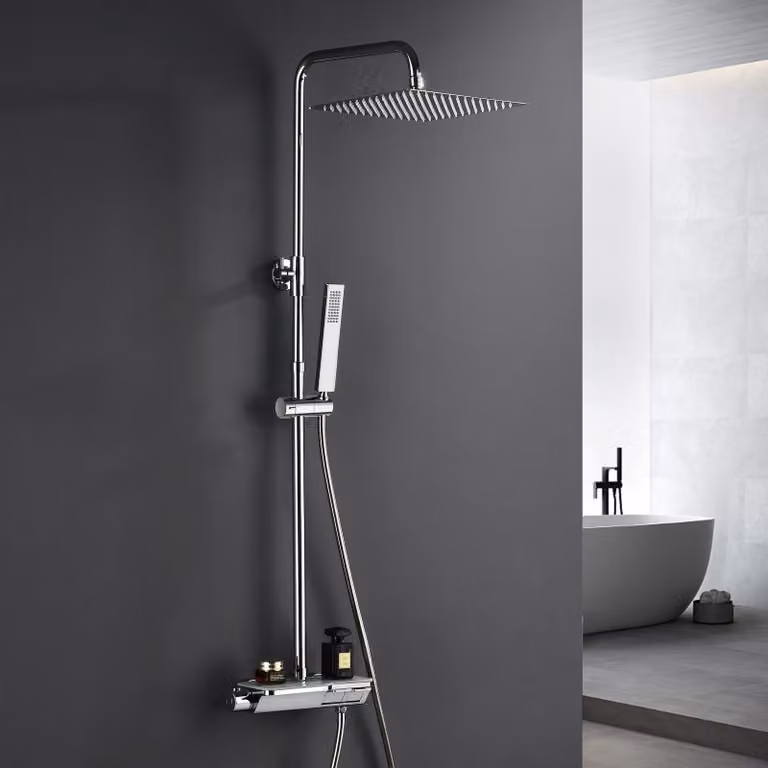 Set doccia a soffitto 20x20 cm con termostato, cromato, in acciaio inossidabile