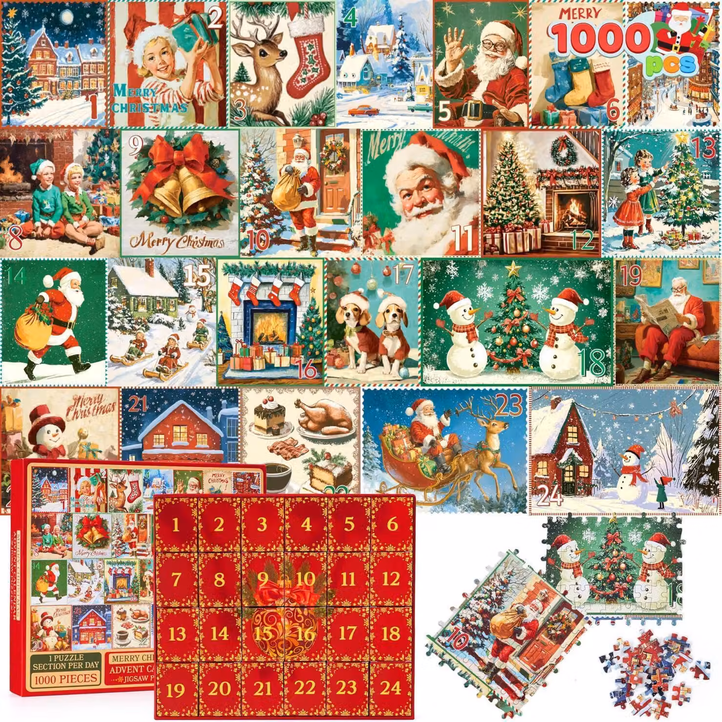 Calendario dell'Avvento con puzzle, 1000 pezzi, calendario di Natale, conto alla rovescia di 24 giorni