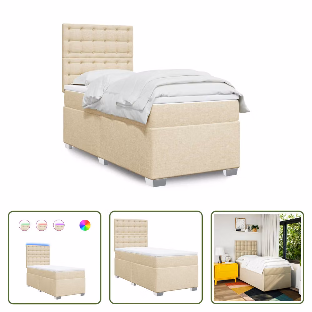 The Living Store Letto a molle con materasso crema 90x190 cm in tessuto