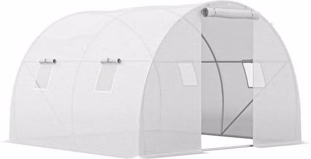 Serra da giardino a tunnel Outsunny con 4 finestre e porta con zip, telaio in acciaio galvanizzato e telo PE bianco, L/P/H: 3 x 3 x 2 m – 1