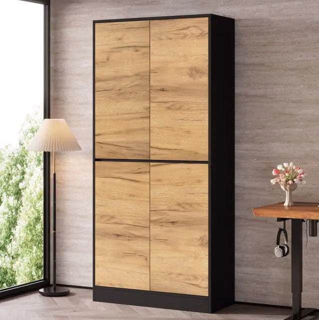 Armadio alto 80 x 35 x 180 cm nero effetto rovere; 2 ripiani regolabili; chiusura soft-close