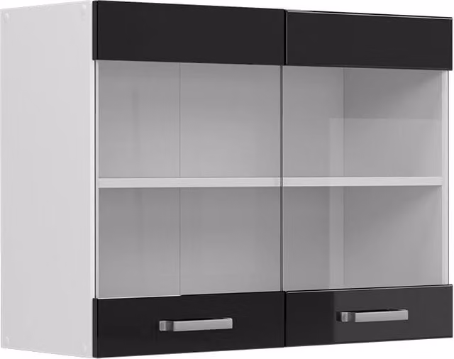 Pensile da cucina moderno Vicco R-Line con ante in vetro, Nero lucido/Bianco/Grigio, L: 80 cm, H: 60 cm, P: 31 cm – 1