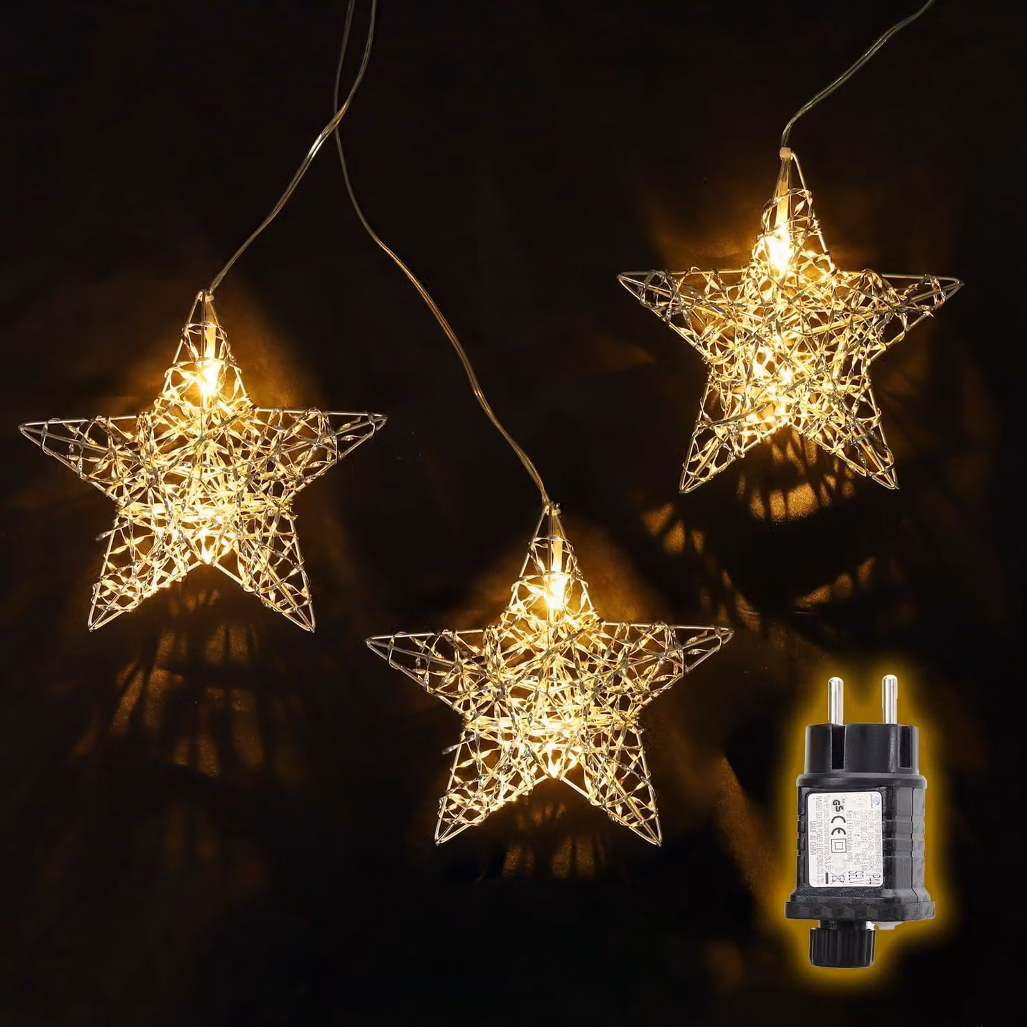 Catena luminosa a LED con 3 stelle di colore bianco caldo, lunghezza 3,5 metri, grado di protezione IP44, con timer