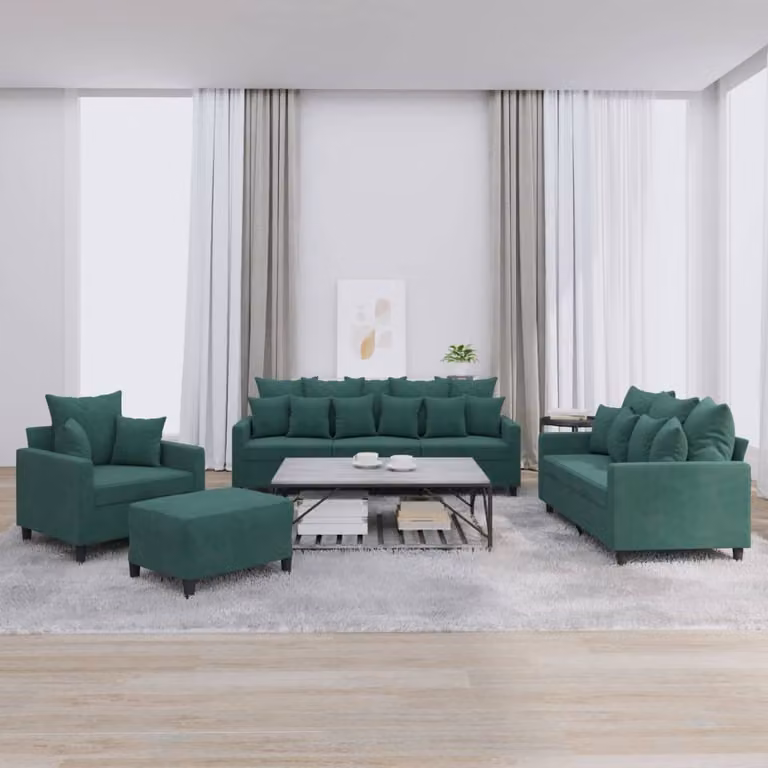 vidaXL Set di Divani 4 Pezzi in Velluto Verde con Cuscini e Pouf per Soggiorno