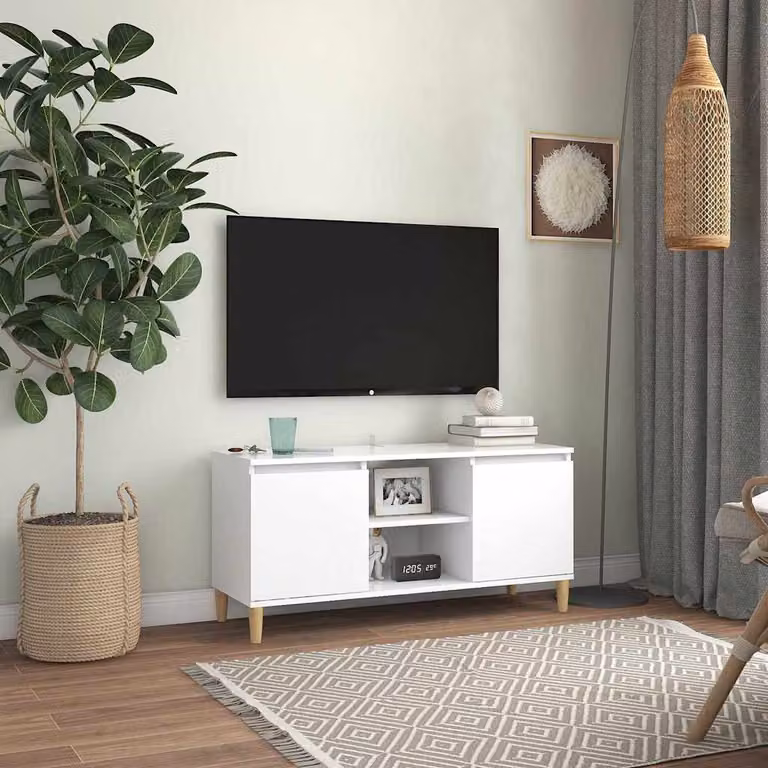 Comodino vidaXL in stile scandinavo con gambe in legno massello, Bianco opaco, L: 103,5 cm, P: 35,0 cm, H: 50,0 cm