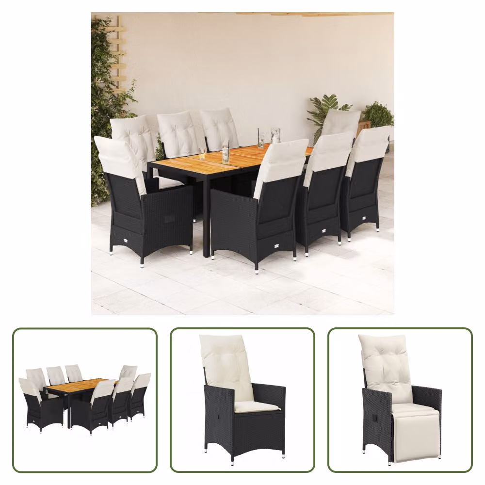 The Living Store Set da pranzo da giardino 9 pezzi con cuscini in polirattan nero