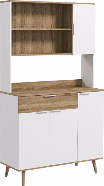 Credenza Moderna HOMCOM con Armadietti e Cassetti per Cucina e Soggiorno, Bianco e Legno, L: 98 cm, P: 39 cm, H: 180 cm
