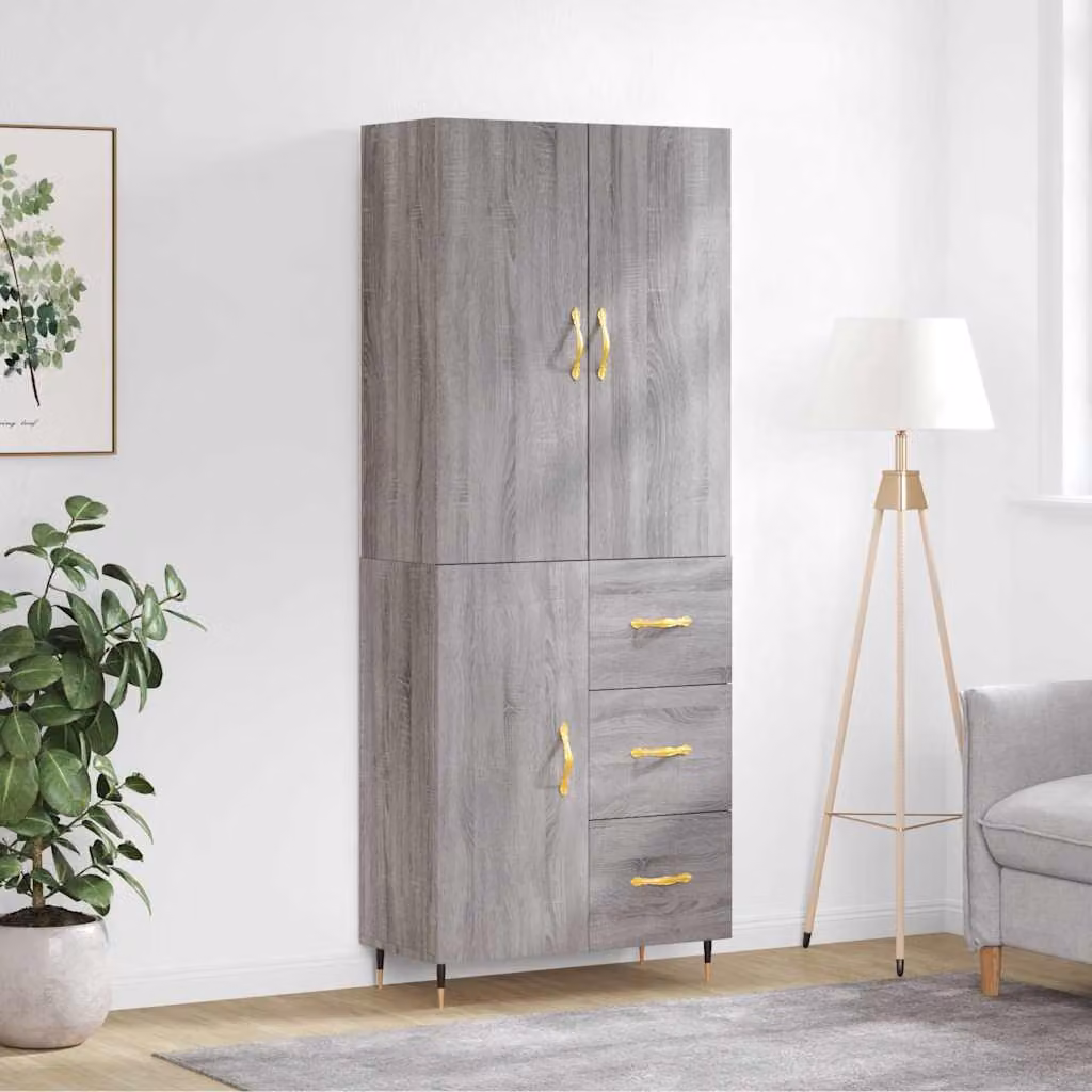 Credenza moderna vidaXL in legno multistrato e metallo, Grigio Sonoma, L: 69,5 cm, P: 34 cm, H: 180 cm