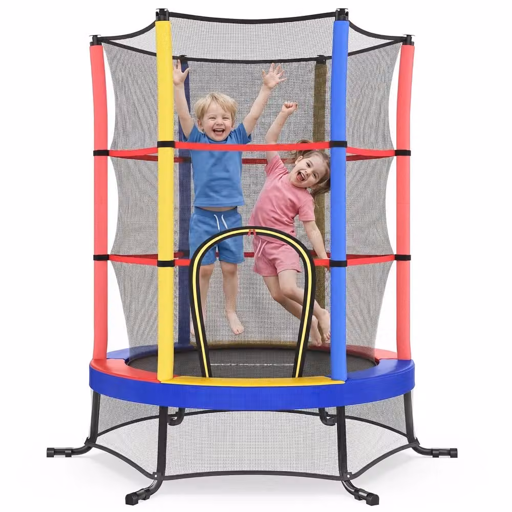 Trampolino per bambini con recinto di protezione e tappeto sicurezza, Multicolore