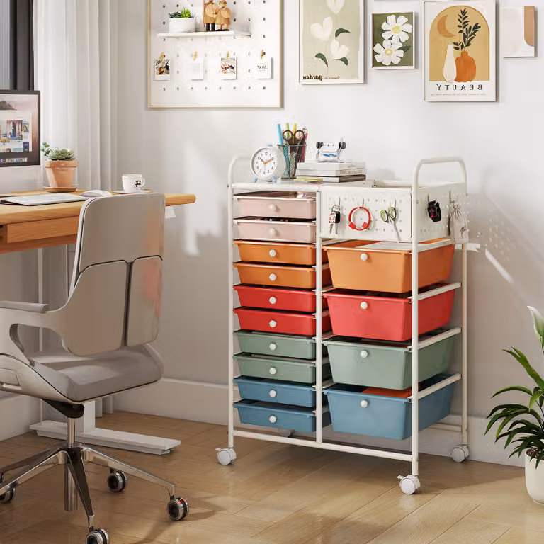 Carrello portaoggetti Costway con 14 cassetti rimovibili, piano in metallo e pannelli forati con ruote, Multicolore