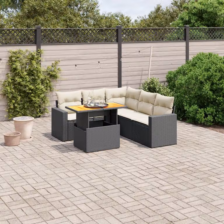 vidaXL Set Divano da Giardino a L 6 pz in Polyrattan Nero con Cuscini e Tavolino da Esterno