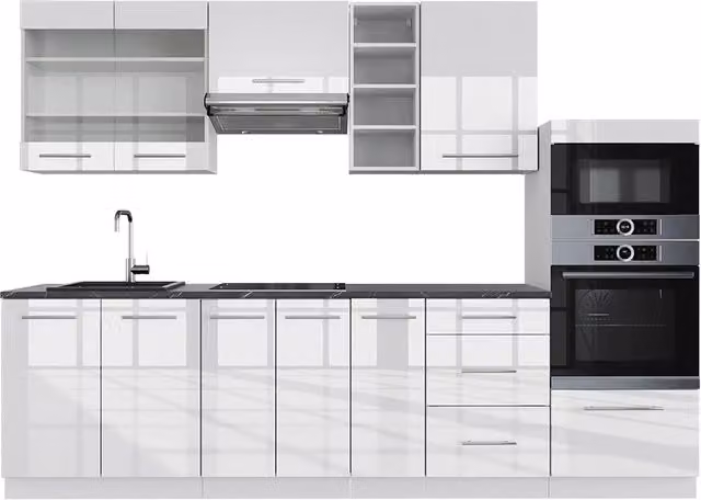 Cucina componibile moderna Vicco Fame-Line Bianco lucido e Bianco con piano Antracite, L: 280 cm – 1