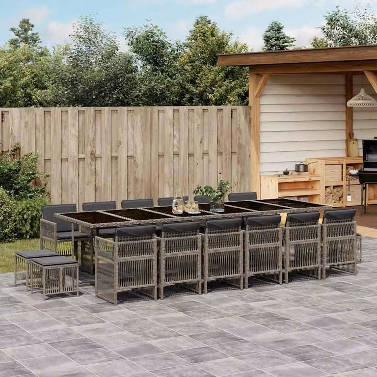Set da pranzo da giardino vidaXL in polyrattan con cuscini e piano in vetro, 17 pezzi, grigio e nero