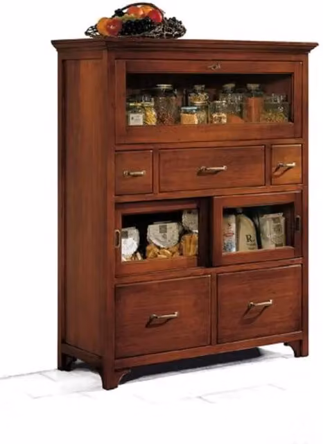 Dispensa arte povera Mobili 2G in legno massello con 3 ribalte e 5 cassetti, colore noce, L: 110 cm, P: 45 cm, H: 140 cm