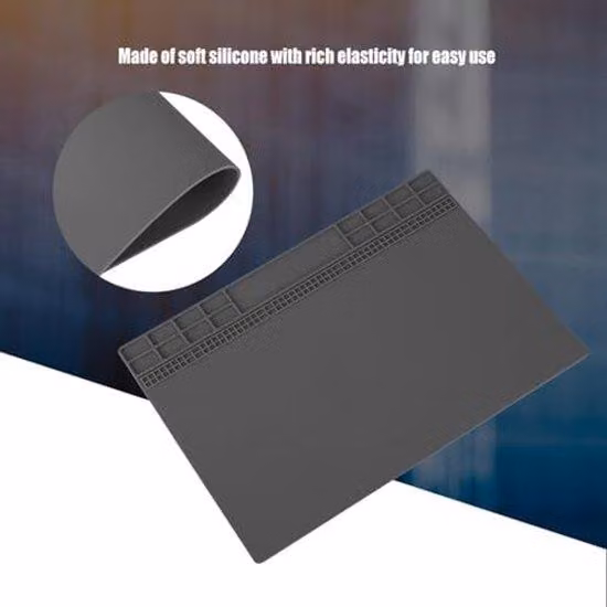 Tappetino per saldatura antistatico in silicone, dimensioni 350mm x 250mm, resistente al calore fino a 500°C, ideale come superficie di lavoro per stazioni di saldatura, elettronica, PC, smartphone e per attività di manutenzione (colore: grigio)