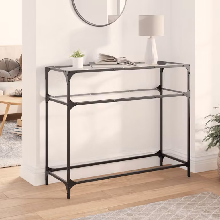 vidaXL Tavolino Consolle Moderno con Piano in Vetro Trasparente e Struttura in Metallo Nero L: 98 cm, P: 35 cm, H: 81 cm