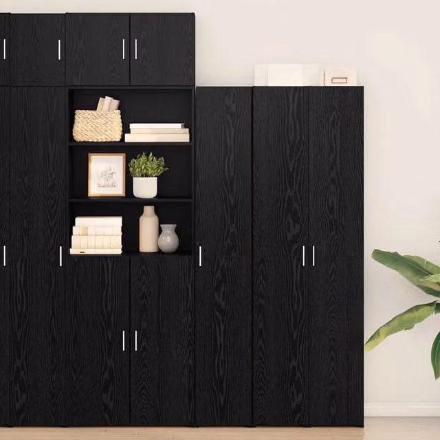 Credenza vidaXL in Rovere e Nero con ripiani interni e ante a battente, L/P/H: 30 x 42,5 x 185 cm