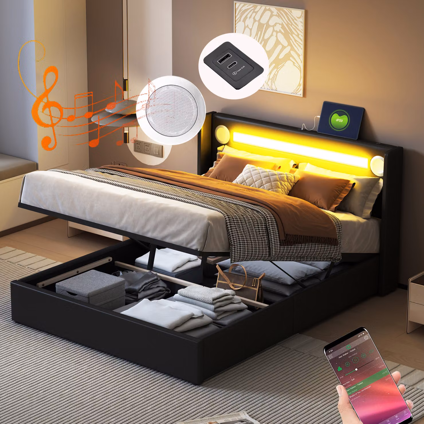 Letto imbottito Flieks 160x200cm con lettore USB e Bluetooth, letto a molle insacchettate letto matrimoniale con LED e rete a doghe, letto contenitore letto giovanile, PU, nero