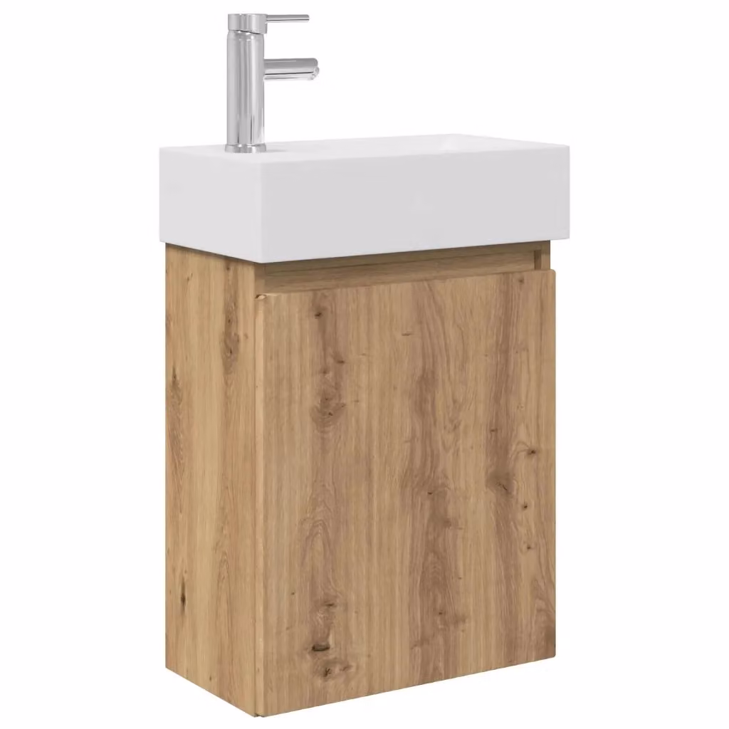 Mobile bagno sospeso vidaXL in legno rovere e ceramica bianca e marrone con ante a battente e design minimalista – 2
