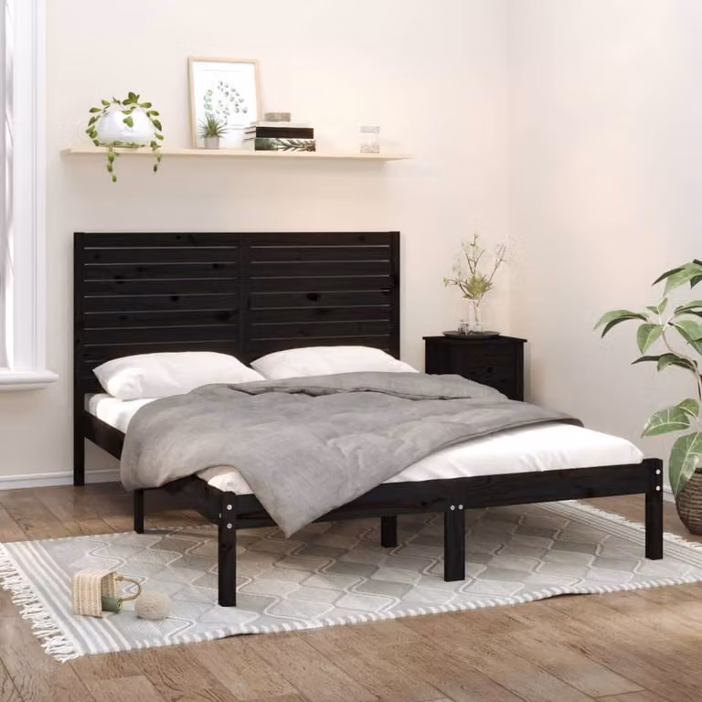 The Living Store Letto in legno massiccio nero 150x200 cm