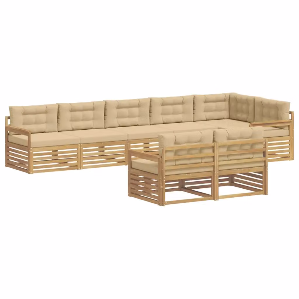 Set di divani da esterno a L vidaXL in legno di acacia con 8 cuscini, Bianco e Beige – 2