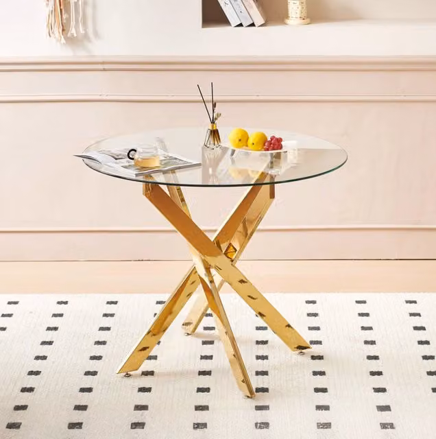 Tavolo da pranzo rotondo 80x80x75 cm con gambe incrociate in metallo cromato e piano in vetro temperato color oro
