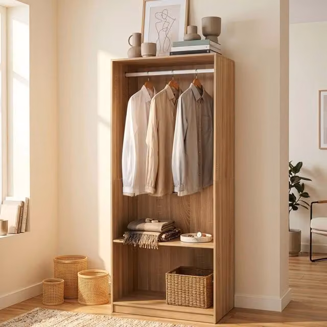 Armadio Aperto Vippsaki Guradaroba en.casa con Barra Appendiabiti e Ripiani, Colore Marrone Effetto Rovere, H 200 x L 80 x P 50 cm