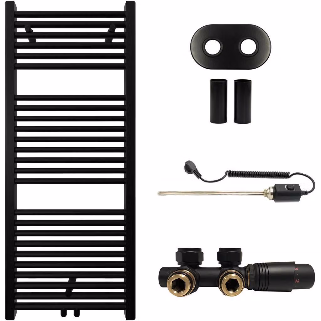 Kit radiatore per bagno Lincoln - sistema di riscaldamento combinato, barra termica - attacco centrale da 50 mm - 300W - nero opaco - 1200x500 mm