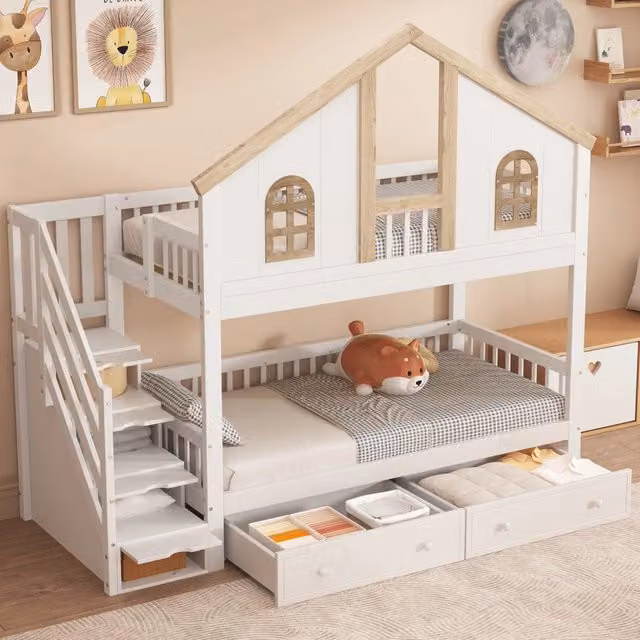 Letto a castello per bambini 90x200 cm a casetta con scala contenitore; cassetti; legno bianco naturale