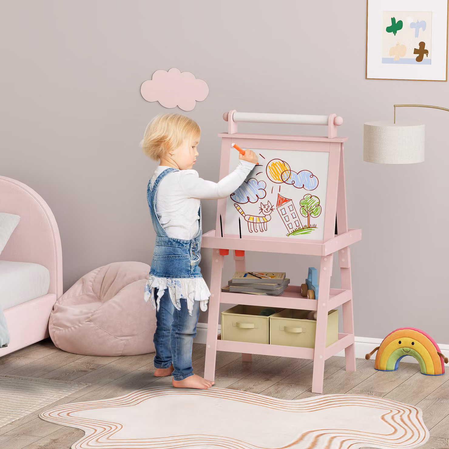 Lavagna per bambini AIYAPLAY 3 in 1 con cavalletto, rotolo di carta e 2 contenitori, in legno, rosa, L/P/H: 59 x 48 x 118 cm – 2