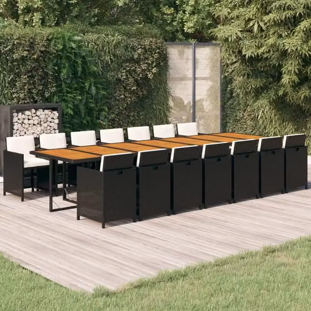 Set da pranzo da giardino vidaXL in legno di acacia oliato con cuscini, 15 pezzi, nero e bianco
