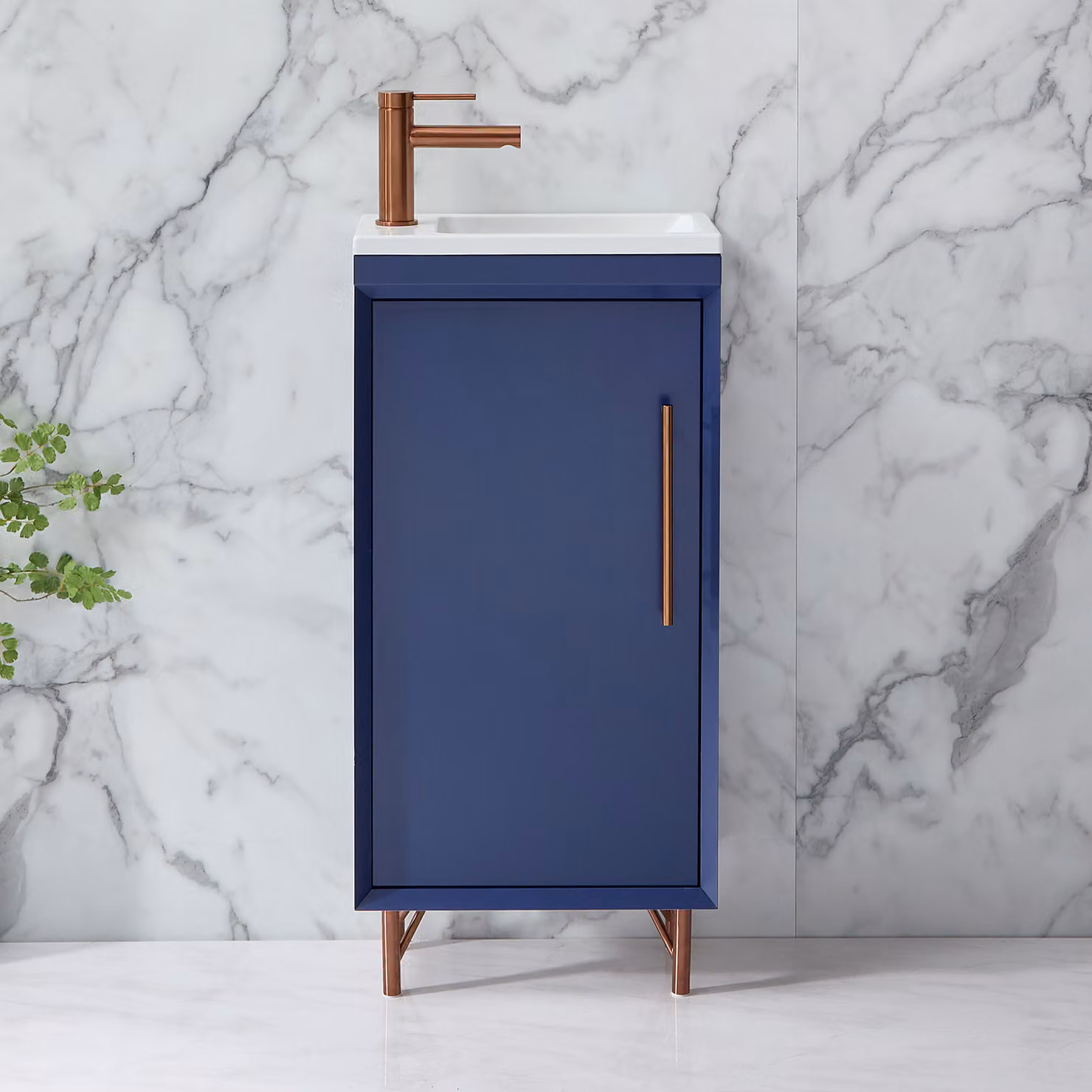 Mobile Bagno Blu Marino 400mm con Lavabo e Maniglia Barra T in Rame Satinato