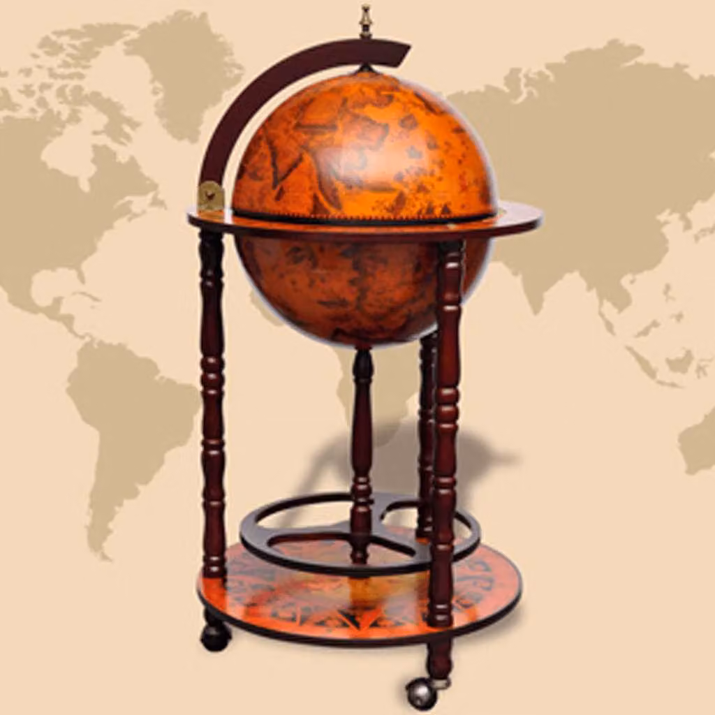 vidaXL Minibar a forma di globo marrone con supporto in legno di eucalipto e ruote L/P/H: 102 x 47 x 47 cm