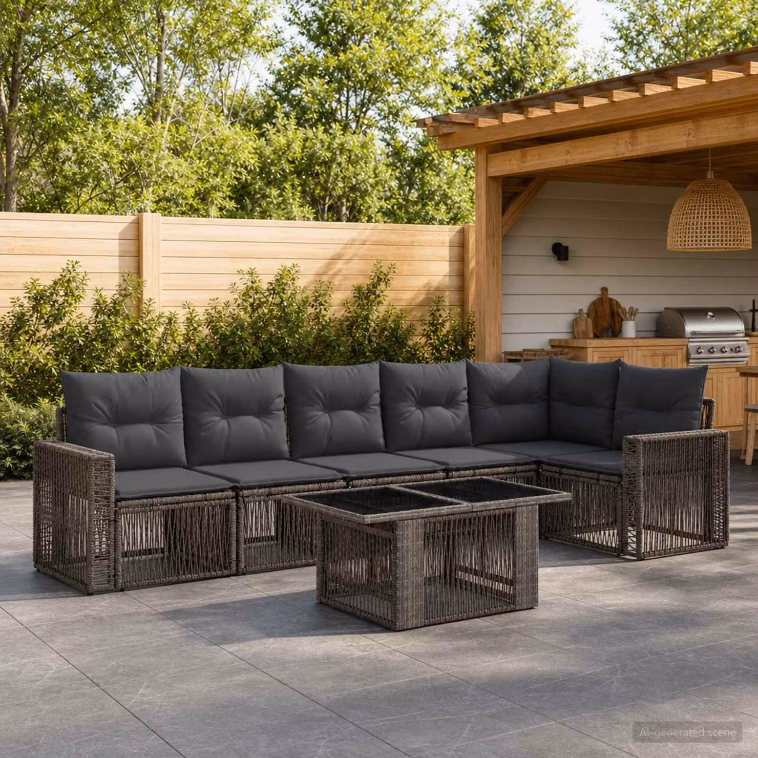 Set Divano da Giardino vidaXL 7 Pezzi a Forma di L con Tavolino, Colore Antracite e Grigio, Struttura in Acciaio Verniciato a Polvere e Cuscini Inclusi