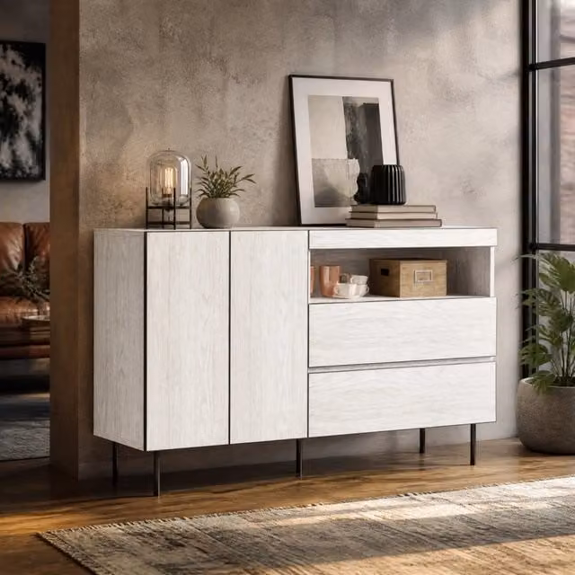 Madia moderna MIVRAY bianca con 2 ante, 2 cassetti e ripiani aperti per soggiorno, L 140 cm x P 42 cm x H 77 cm