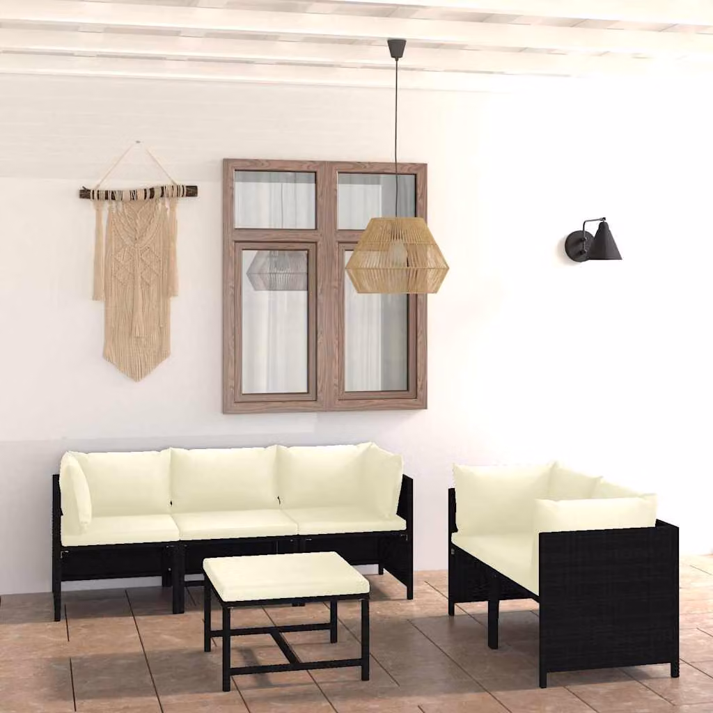 vidaXL Set Divani da Giardino a L con Cuscini e Tavolino da Caffè, 6 Pezzi, Polyrattan e Metallo, Nero e Bianco – 1
