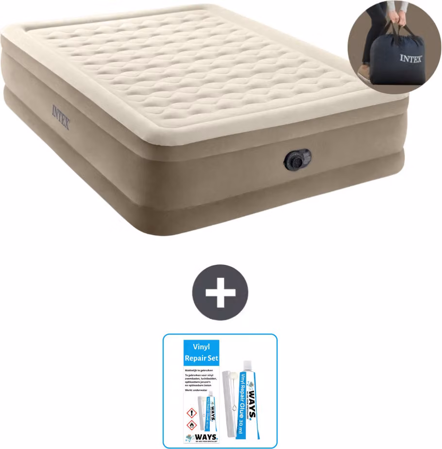 Intex Airbed - 2 persone - 152 x 203 x 46 cm - Beige - Pompa inclusa - Kit di riparazione