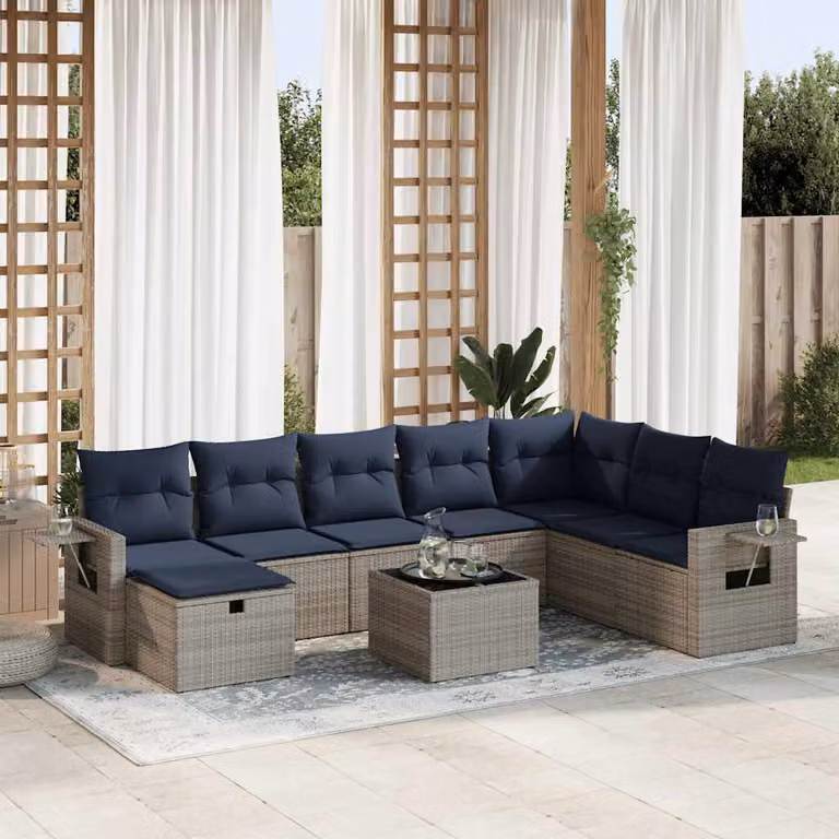 Set Divano da Giardino vidaXL 9 pz a Forma a L con Cuscini Grigio e Blu in Polyrattan e Metallo