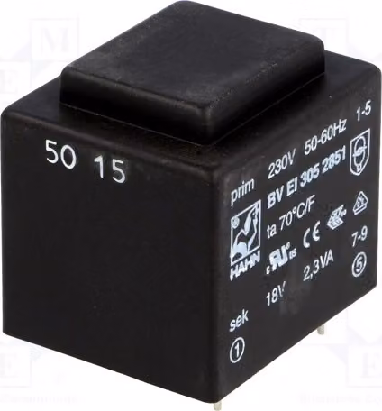 1 trasformatore: rivestito, 2,3 VA, 230 VAC, 18 V, 128 mA. Montaggio: BV EI 305 2851 -Tran