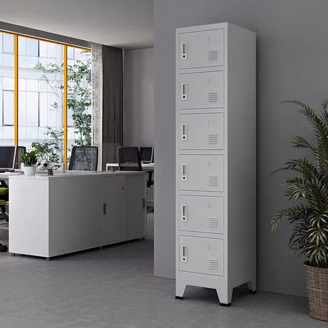 Armadio Spogliatoio Joroinen en.casa in Acciaio con 6 Ante e Serratura, Grigio Opaco, H: 180 cm, L: 45 cm, P: 38 cm