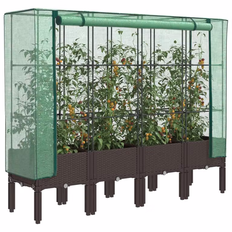 Letto rialzato con copertura serra effetto rattan vidaXL, marrone e verde, L: 160 cm, P: 40 cm, H: 140 cm
