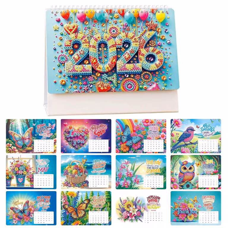 Calendario da tavolo con tecnica Diamond Painting per il 2026 - Regalo fai-da-te - 12 mesi